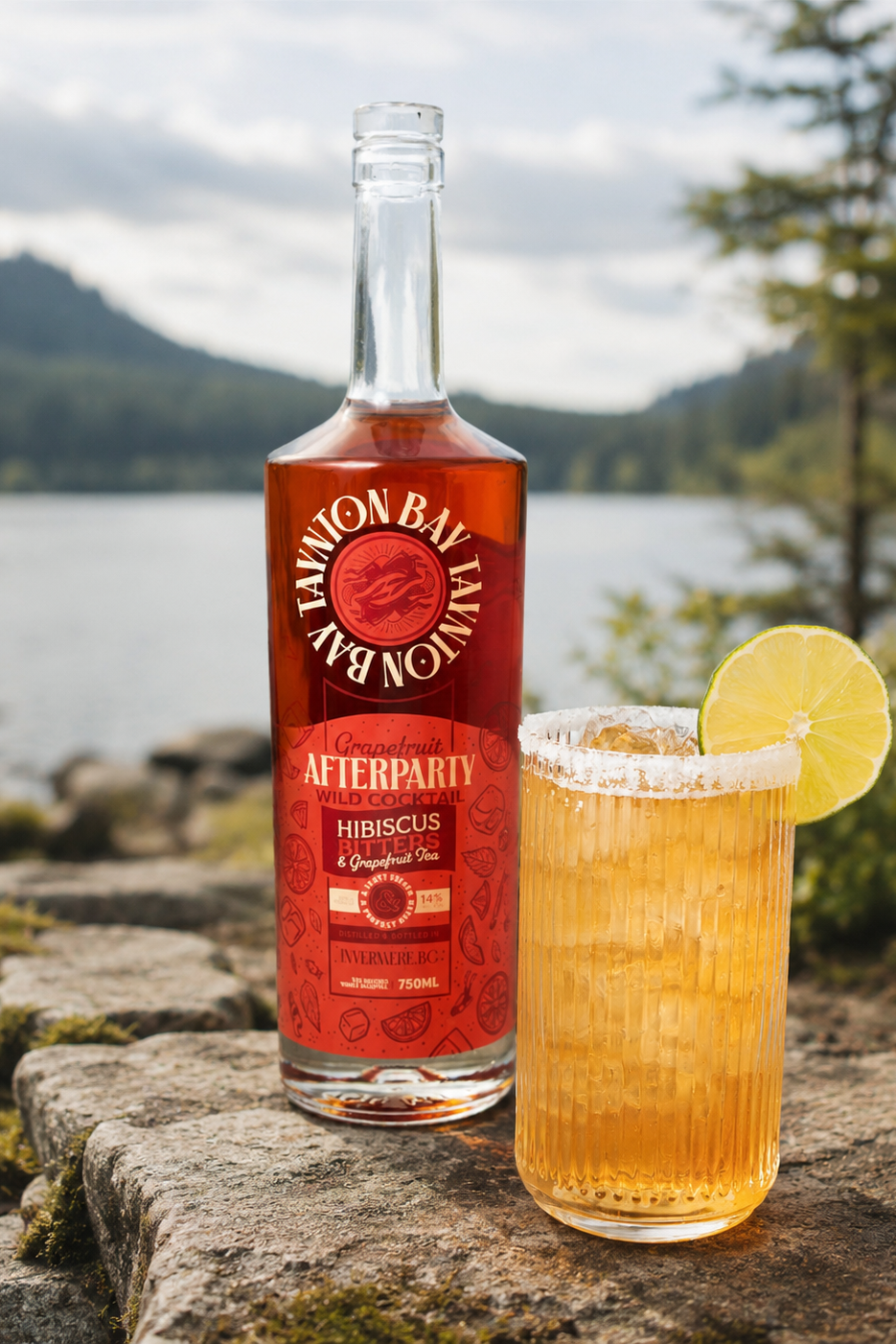 Bottle of Taynton Bay Afterparty Hibiscus cocktail with a glass of the cocktail on a stone ledge by a lake.